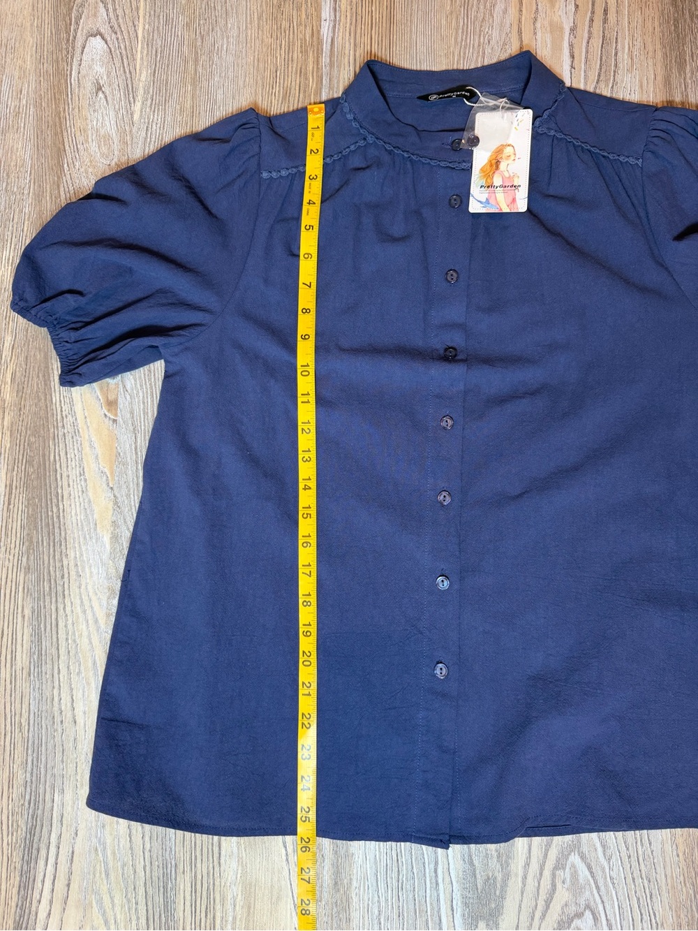 PRETTYGARDEN Blue Cotton Puff Sleeve Blouse Button Down Top Size Medium NWT - Picture 9 of 11